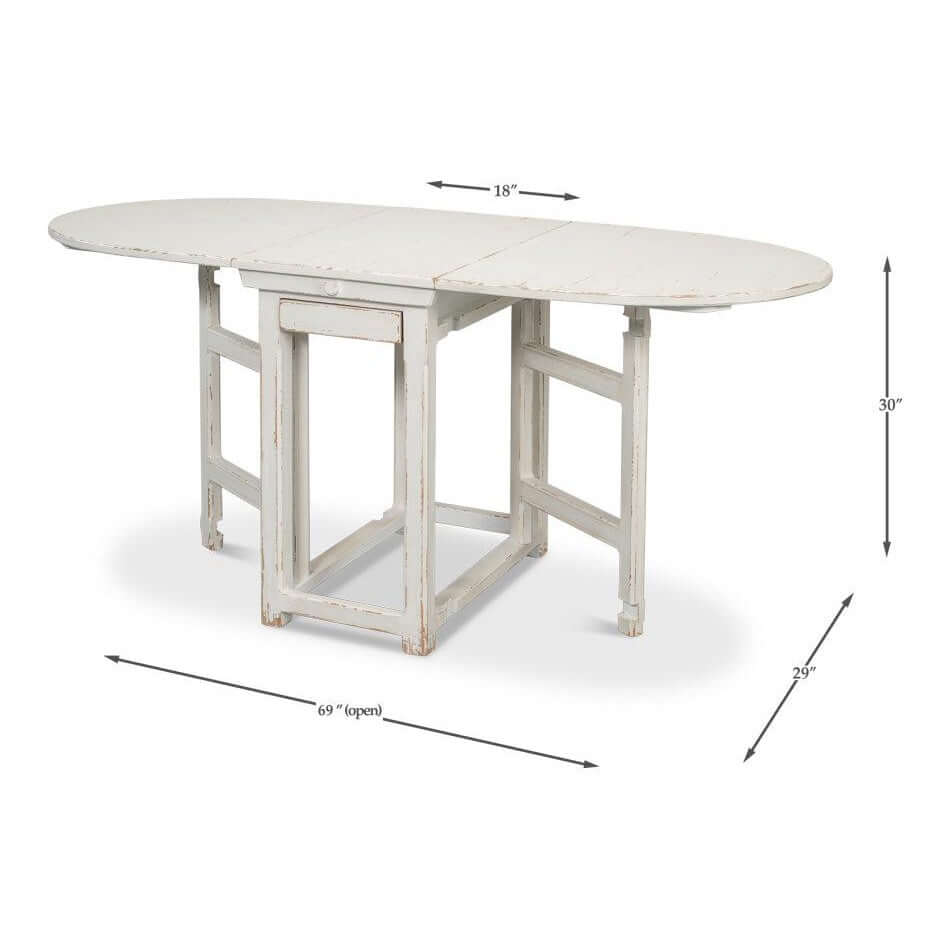 Whitewashed Vintage Dropleaf Table with Distressed Wood Finish, farmhouse dining table showcasing dimensions and design details