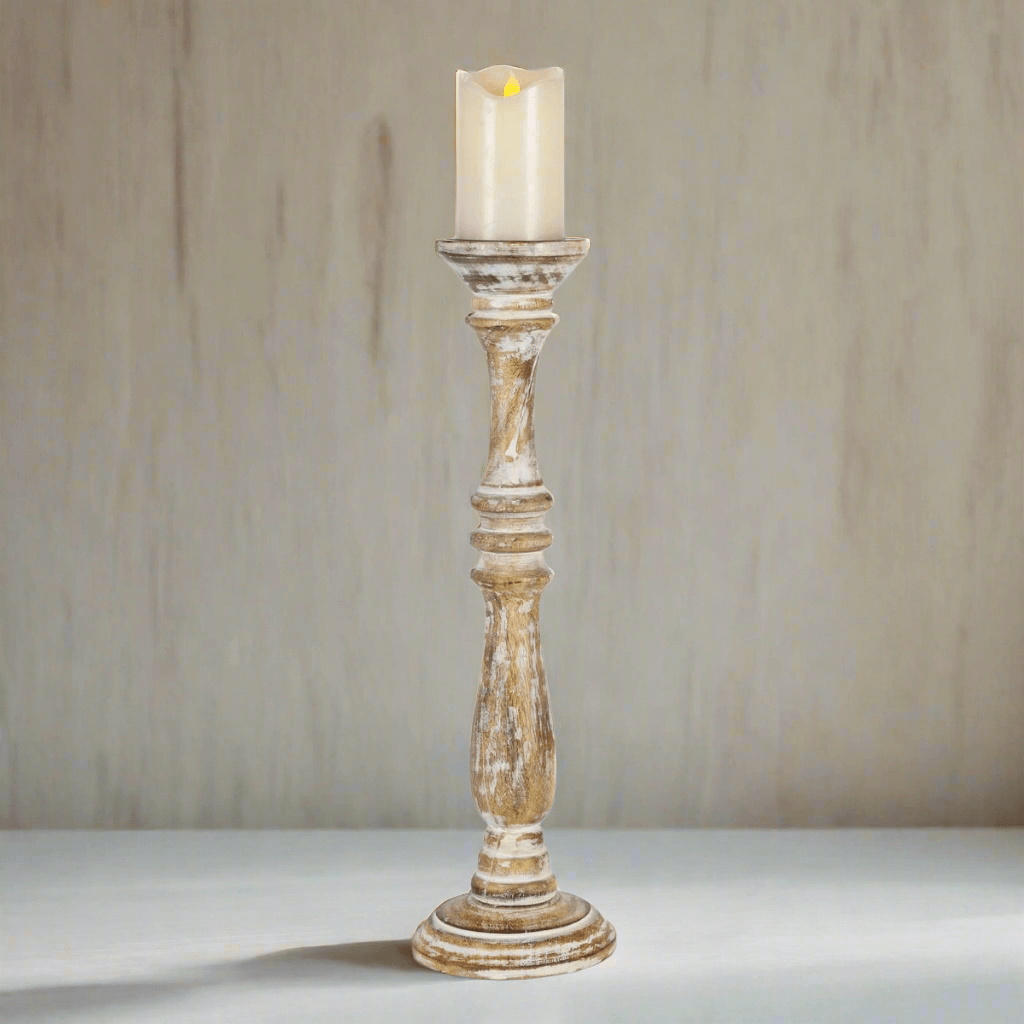 Whitewashed mango wood candle holder, 20-inch tall, turned design, rustic charm, coastal decor with distressed white finish