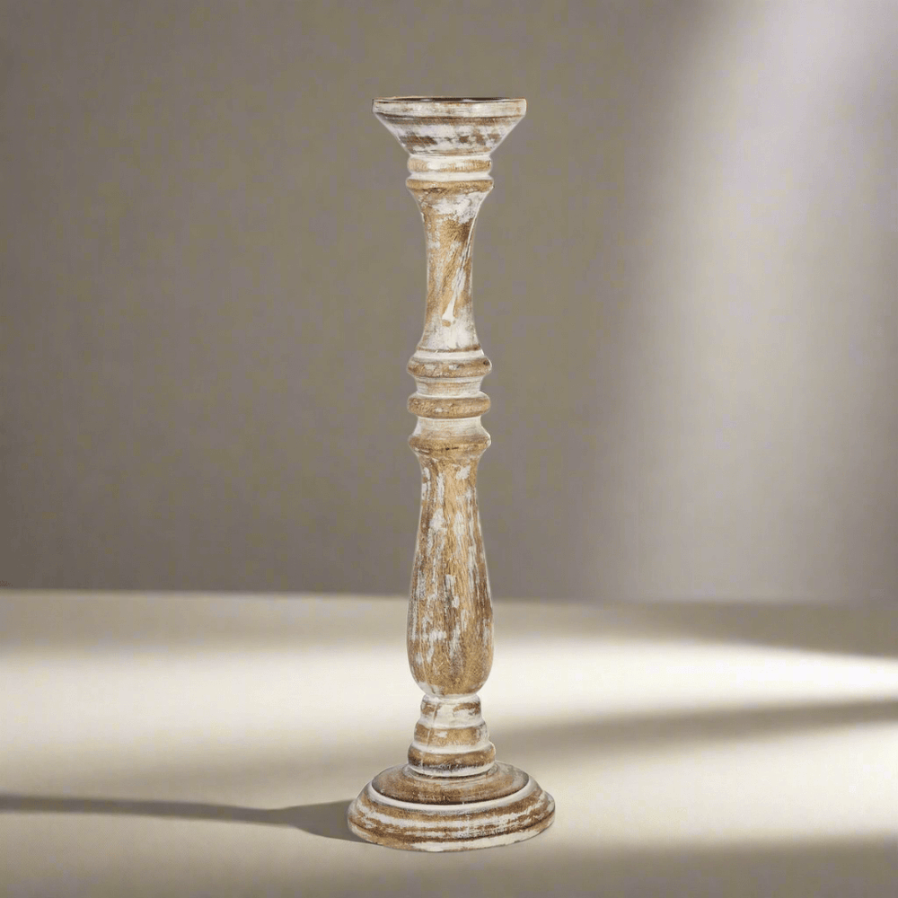 Whitewashed mango wood candle holder with a distressed finish, showcasing craftsmanship and rustic charm, 20 inches tall.