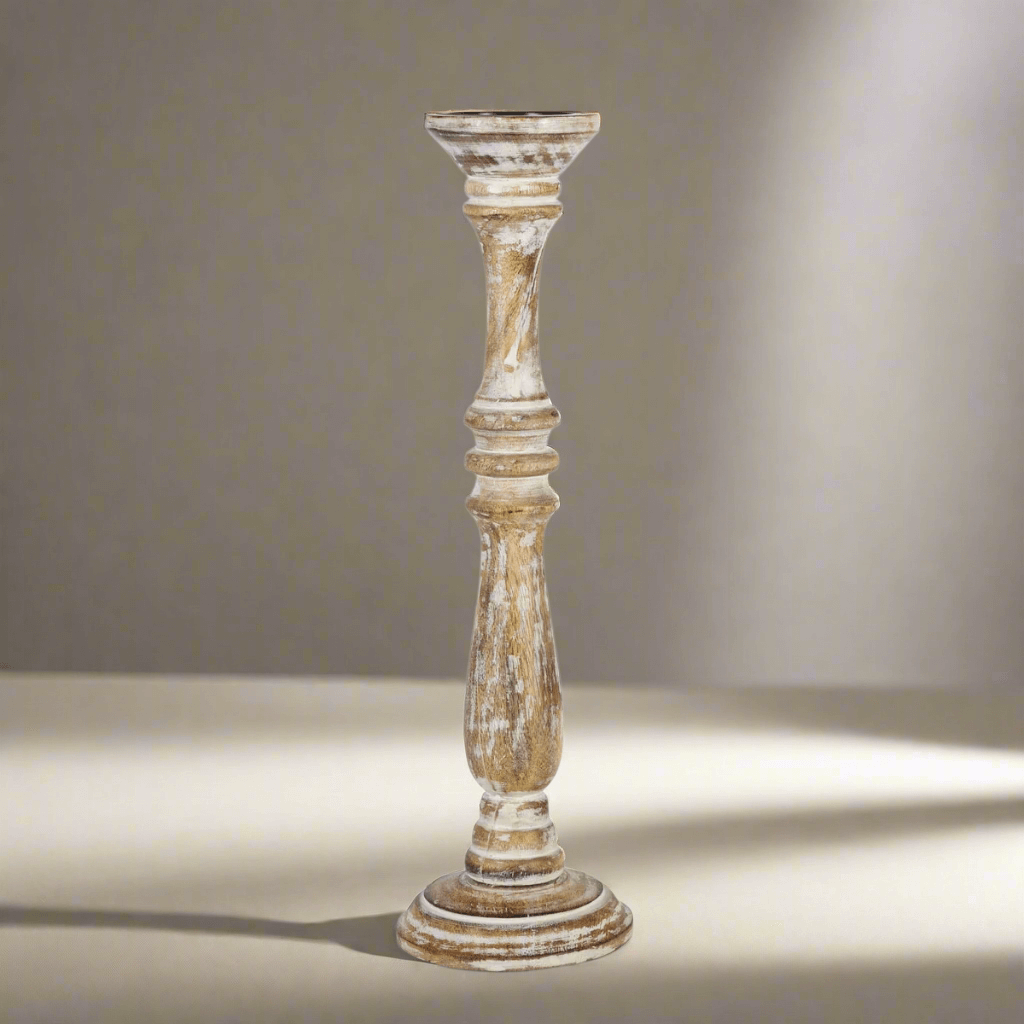 Whitewashed mango wood candle holder with a distressed finish, showcasing craftsmanship and rustic charm, 20 inches tall.