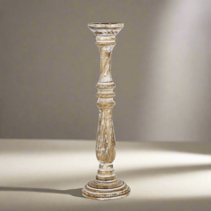 Whitewashed mango wood candle holder with a distressed finish, showcasing craftsmanship and rustic charm, 20 inches tall.