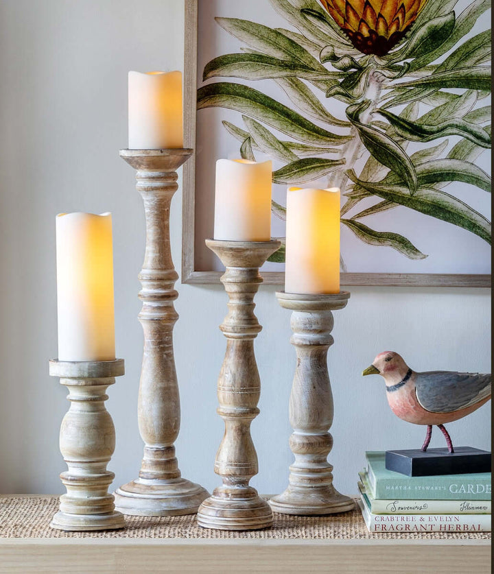 Set of 2 Whitewashed Mango Wood Candle Holders with a distressed finish, showcasing timeless charm and coastal cottage aesthetics.