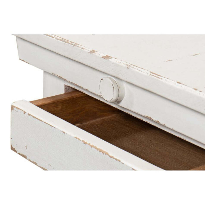 Drawer detail of the Whitewashed Vintage Dropleaf Table with Distressed Wood Finish showing its rustic farmhouse style.