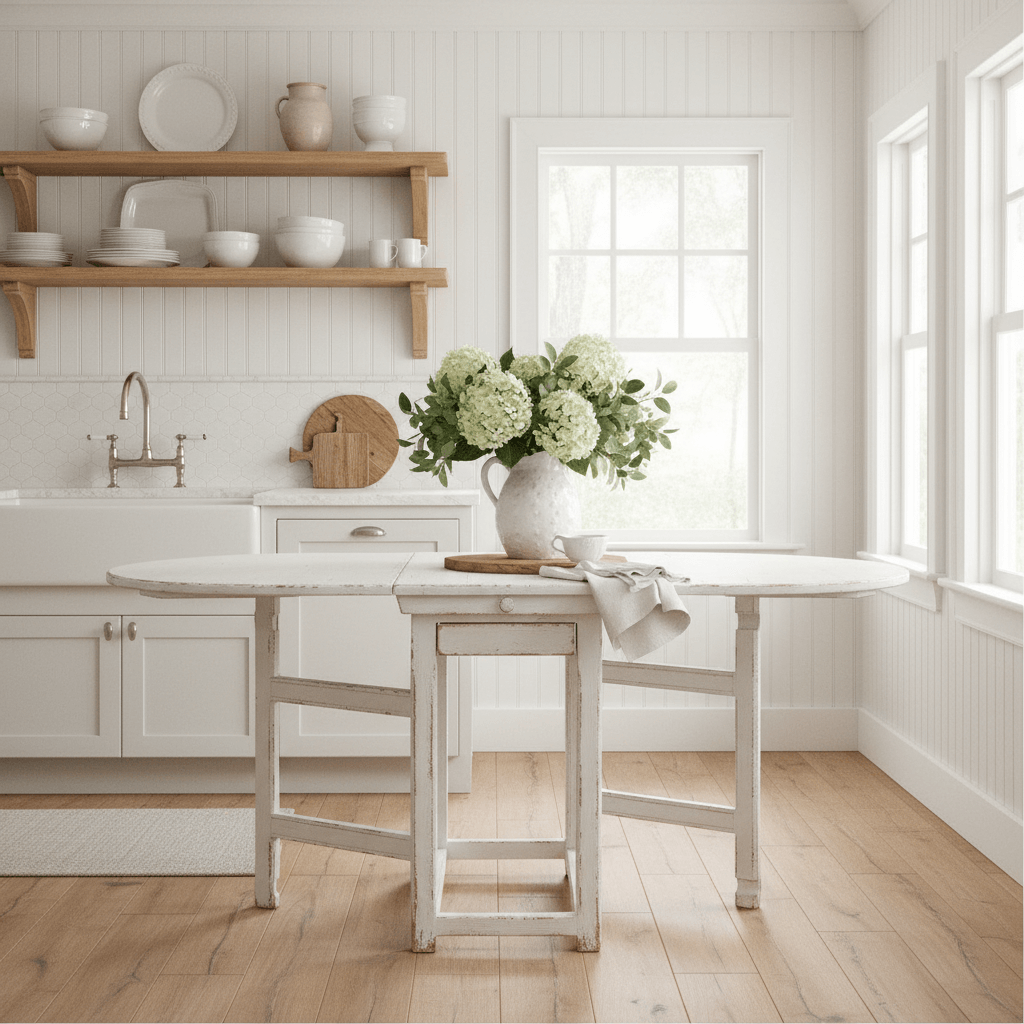 Whitewashed Vintage Dropleaf Table with Distressed Wood Finish in a farmhouse kitchen.