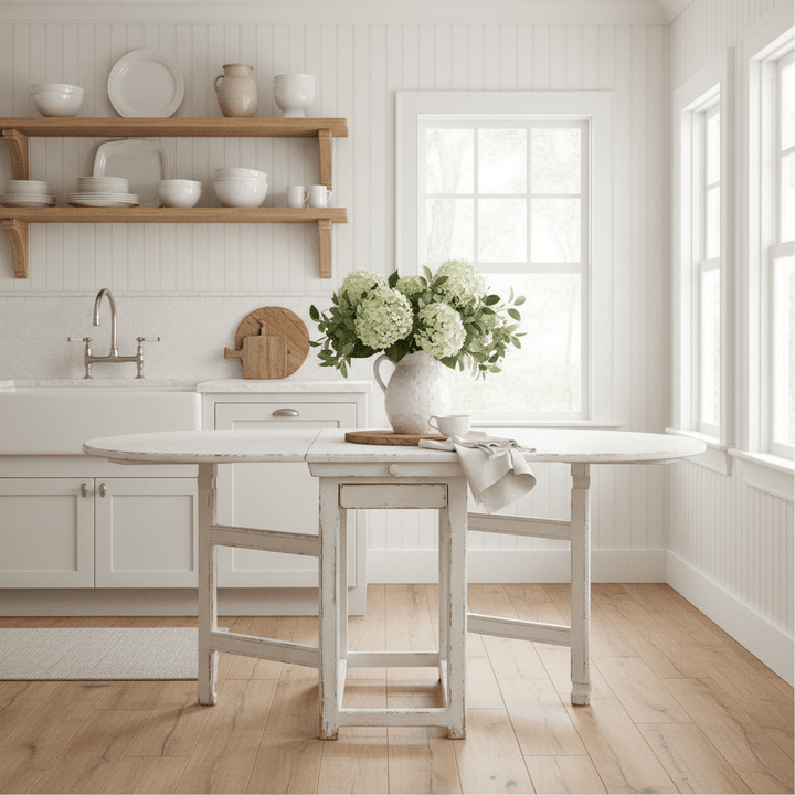 Whitewashed Vintage Dropleaf Table with Distressed Wood Finish in a farmhouse kitchen.