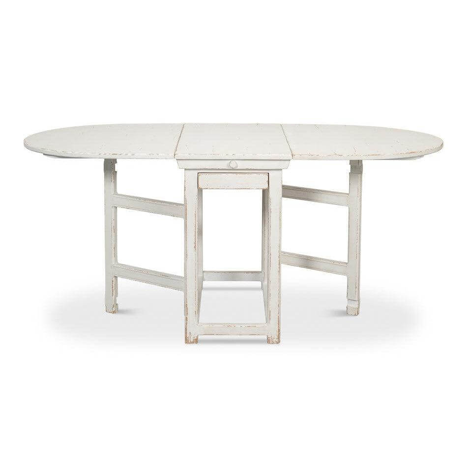 Whitewashed Vintage Dropleaf Table with Distressed Wood Finish in farmhouse style shown in a full open position.