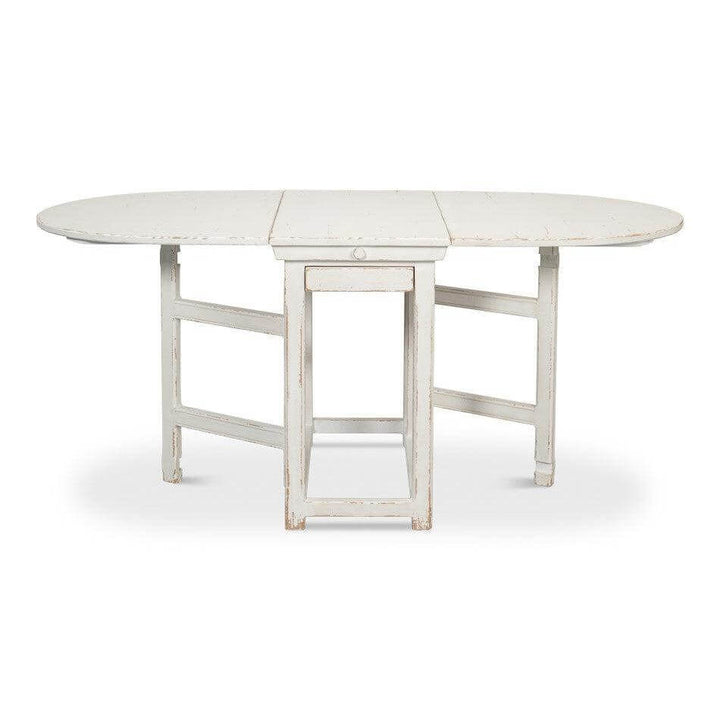 Whitewashed Vintage Dropleaf Table with Distressed Wood Finish in farmhouse style shown in a full open position.