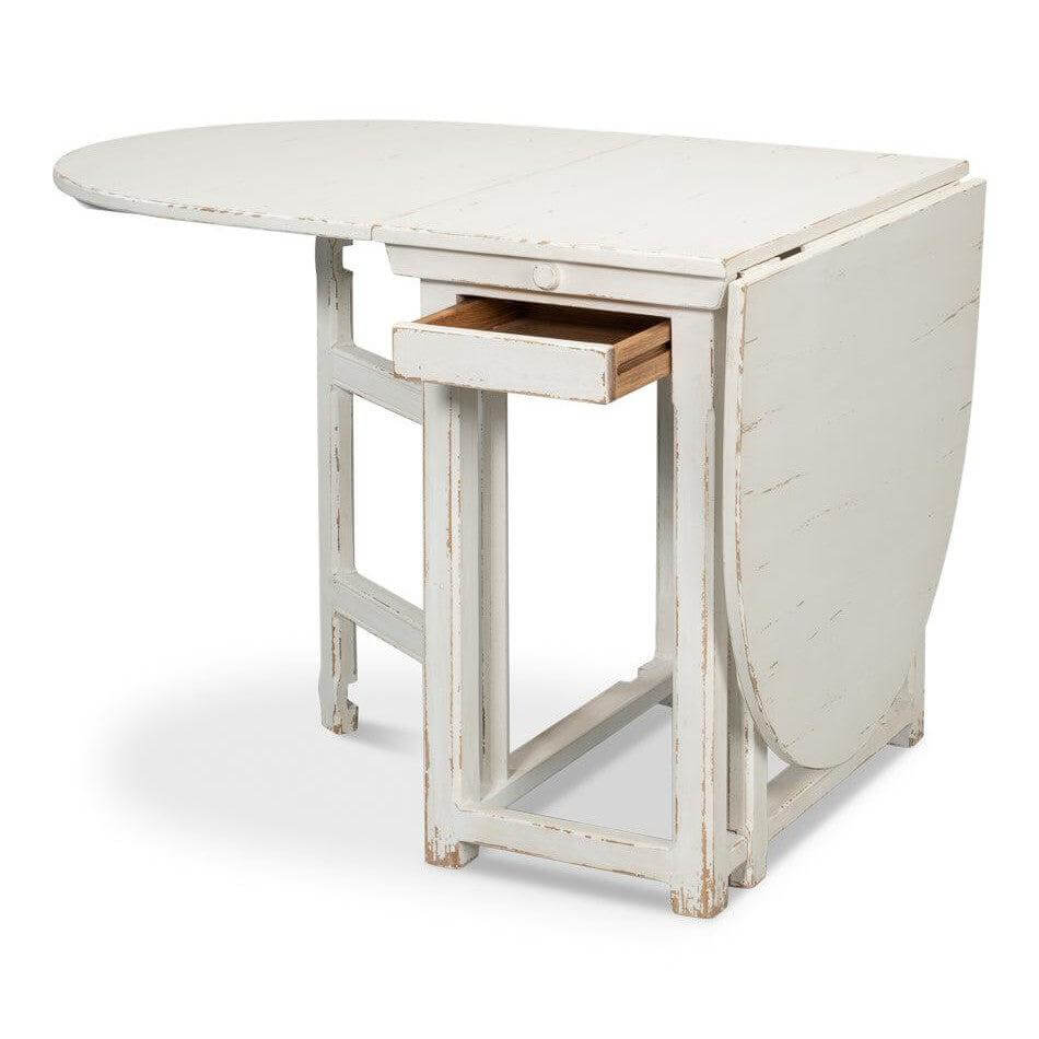 Whitewashed Vintage Dropleaf Table with Distressed Wood Finish, farmhouse dining table with foldable design and rustic appeal