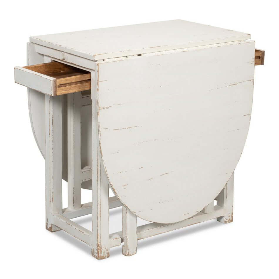 Whitewashed Vintage Dropleaf Table with Distressed Wood Finish in farmhouse style, showcasing extendable dropleaf feature.