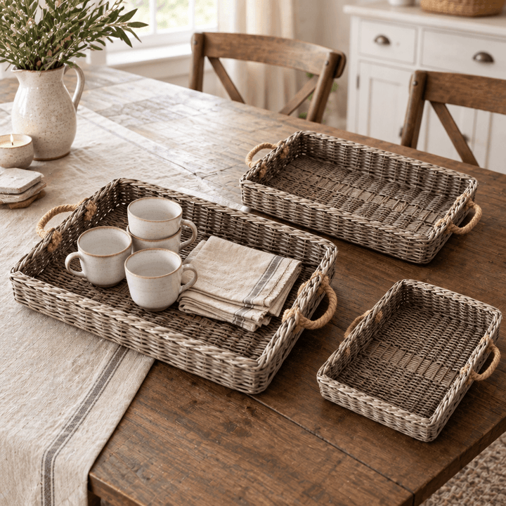 Willow serving tray set styled with ceramic cups and linen napkins on a dining table