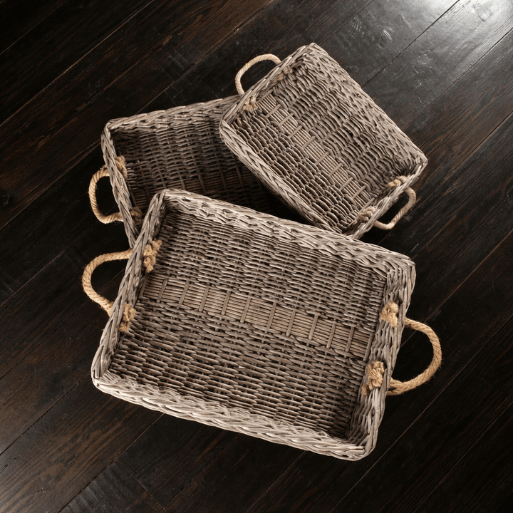 Set Of 3 Rectangular Willow Trays with Jute Handles
