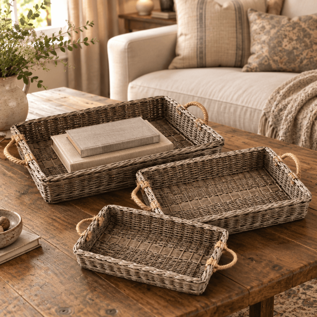 Three willow trays with jute handles styled with books on a wooden coffee table