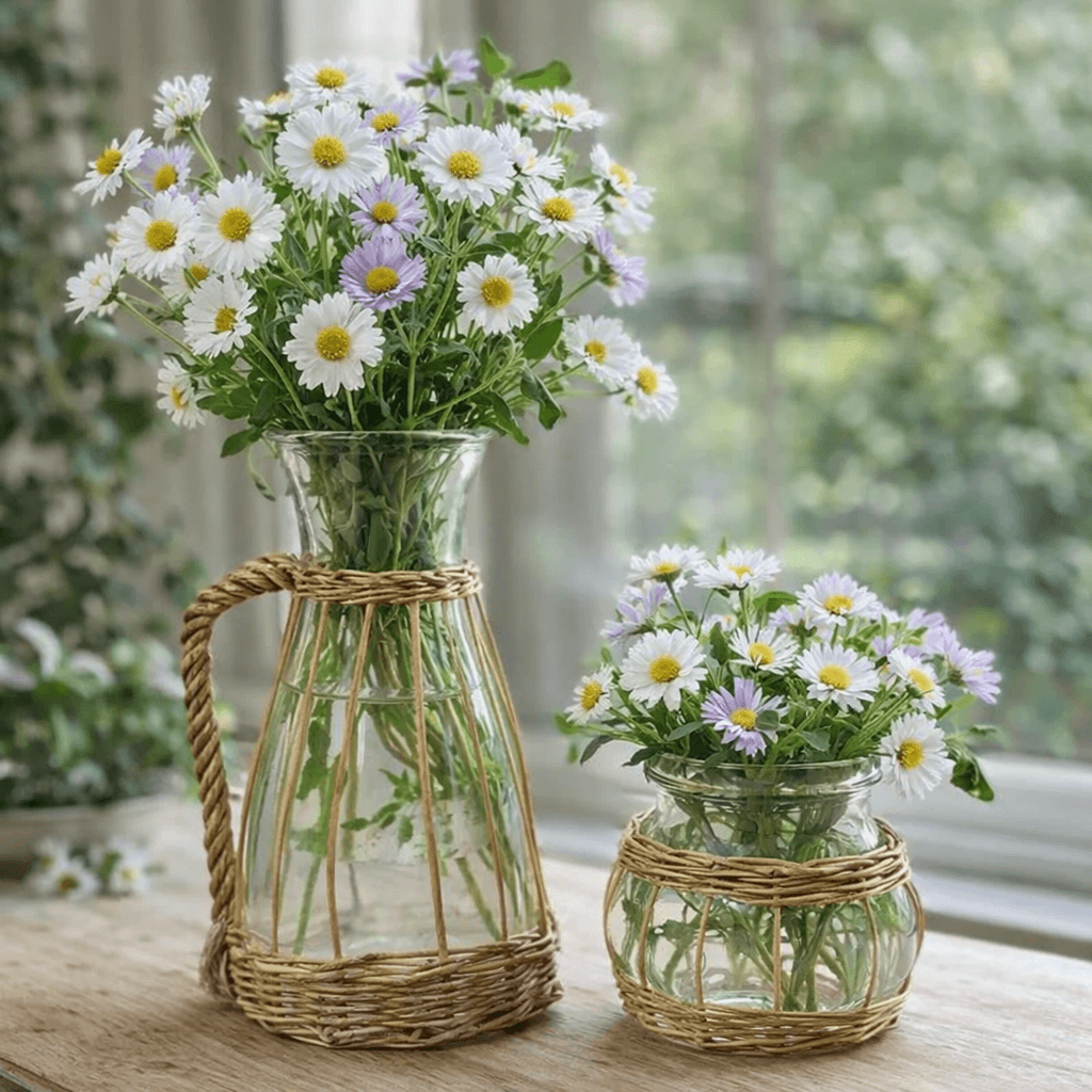 Willow-wrapped glass pitcher filled with flowers