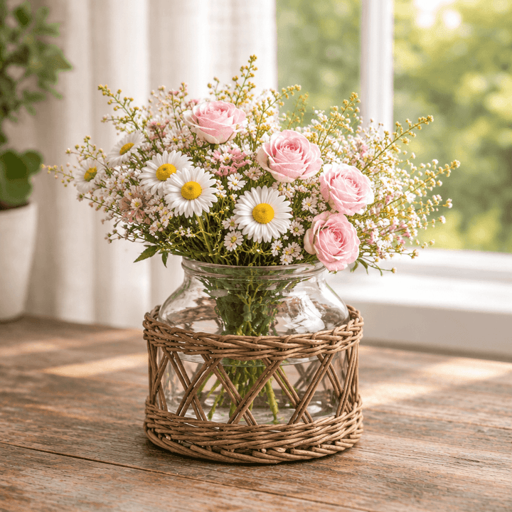 Willow-wrapped glass vase holding pale pink roses and white daisies on an antique wooden table