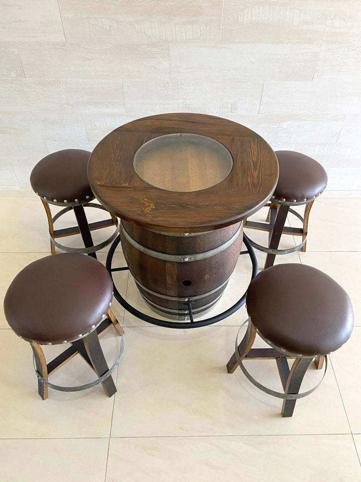 Reclaimed Oak Wine Barrel Bistro Table Set with Bar Stools