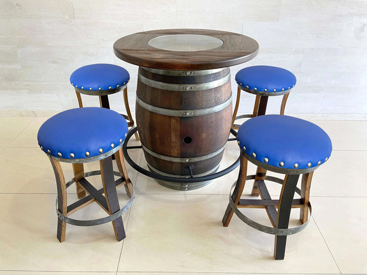 Reclaimed Oak Wine Barrel Bistro Table Set with Bar Stools
