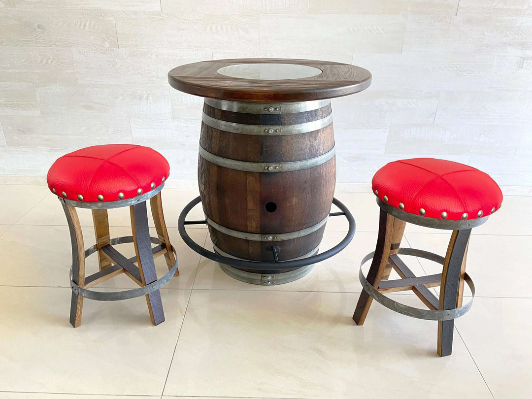 Reclaimed Oak Wine Barrel Bistro Table Set with Bar Stools