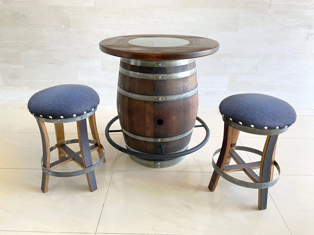 Reclaimed Oak Wine Barrel Bistro Table Set with Bar Stools