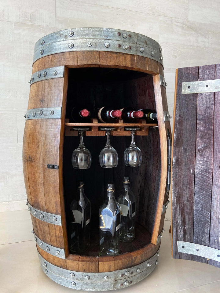 Reclaimed Bourbon Wine Barrel Cabinet with Stemware Storage
