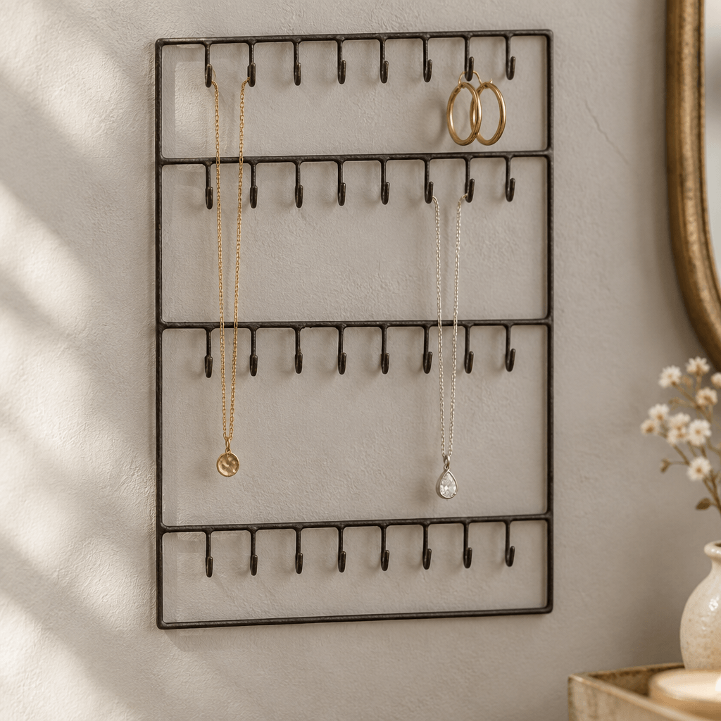 Dark wire jewelry organizer displaying necklaces and hoop earrings on a light gray wall.