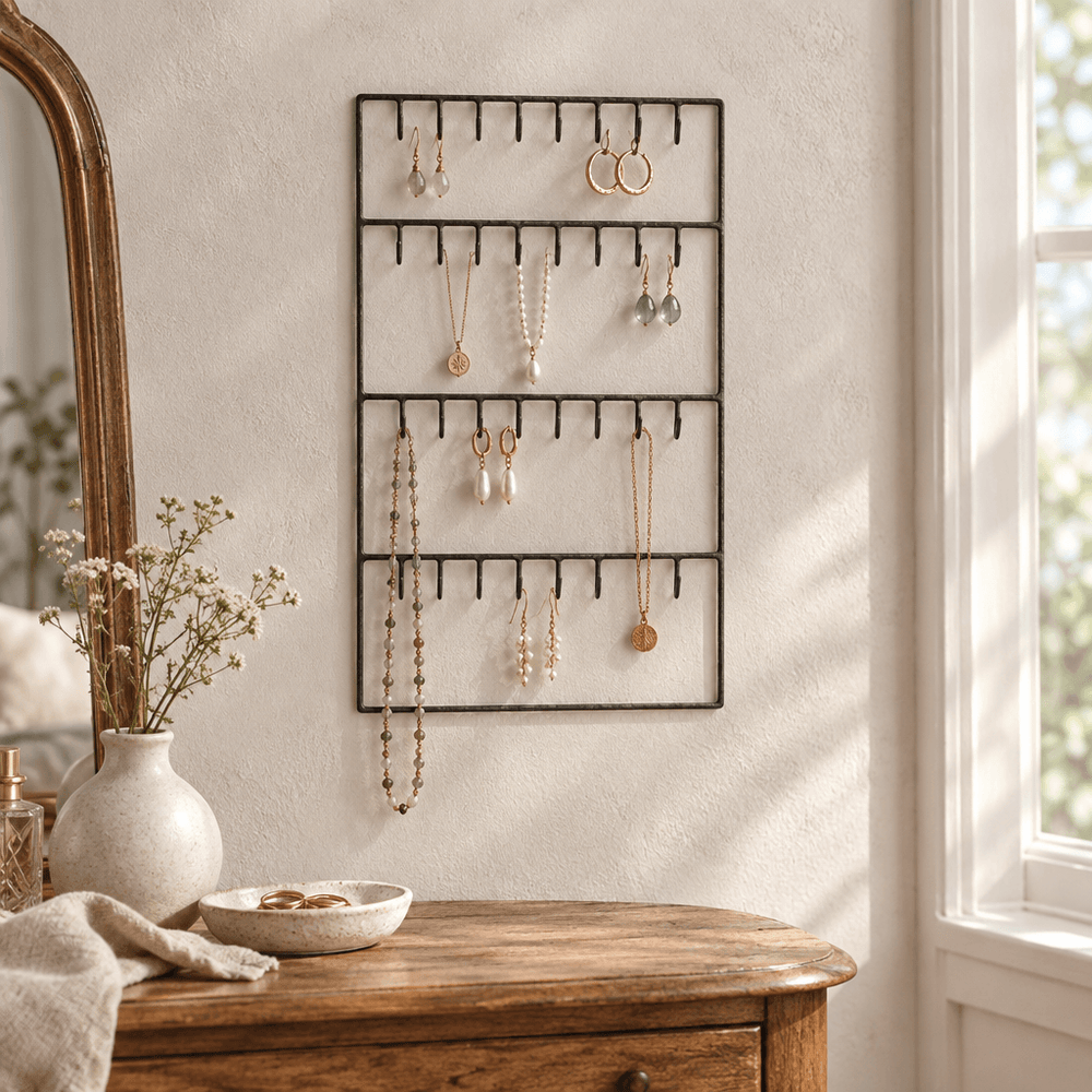 Wire wall jewelry organizer styled with jewelry above a wooden vanity.