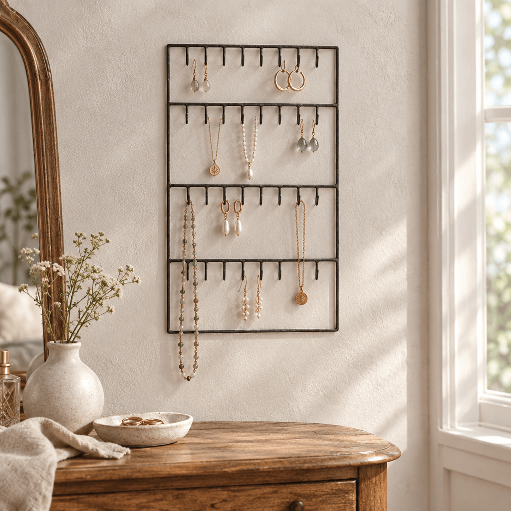 Wire wall jewelry organizer styled with jewelry above a wooden vanity.