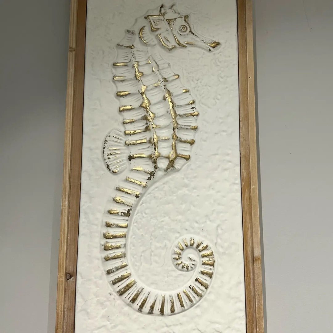 Wood-framed seahorse relief wall art