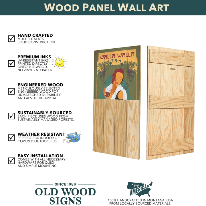 Wood panel wall art with a painting of a woman and text, branded 'Old Wood Signs'.