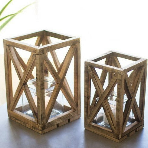 Wooden Lantern With Glass Votive Hold - Set of 2
