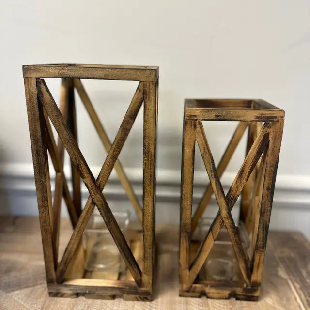 Wooden Lantern With Glass Votive Hold - Set of 2