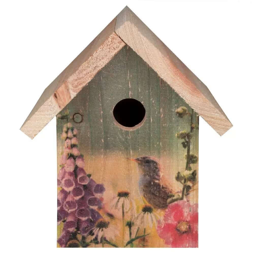 Wooden Birdhouse with Floral Design for Wrens featuring painted wildflowers and a perched bird, made from durable cedar wood.