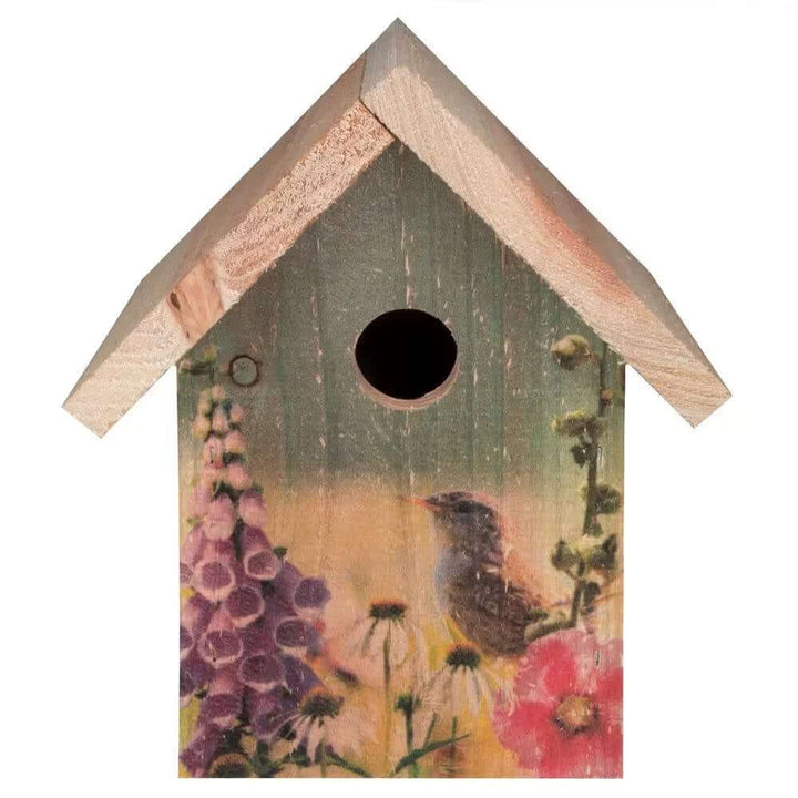 Wooden Birdhouse with Floral Design for Wrens featuring painted wildflowers and a perched bird, made from durable cedar wood.