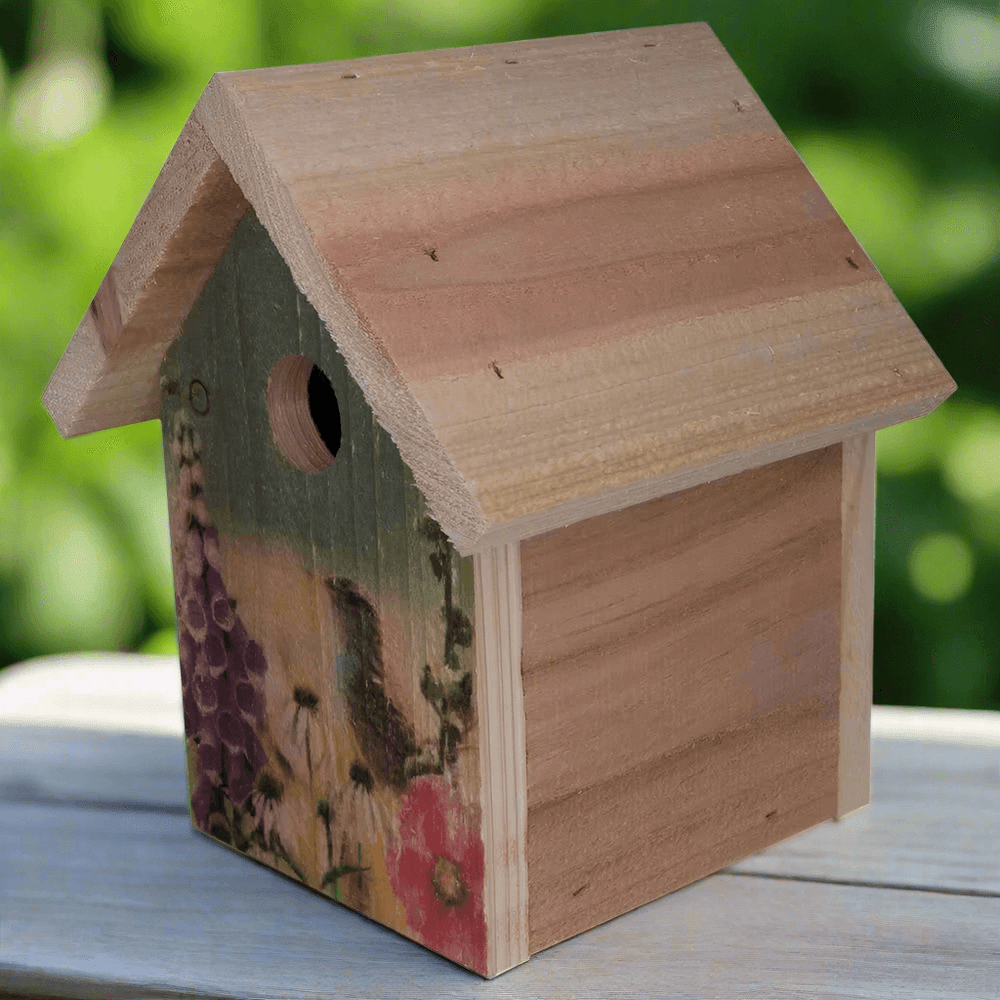 Wooden Birdhouse with Floral Design for Wrens featuring hand-painted wildflowers and perched bird on cedar wood