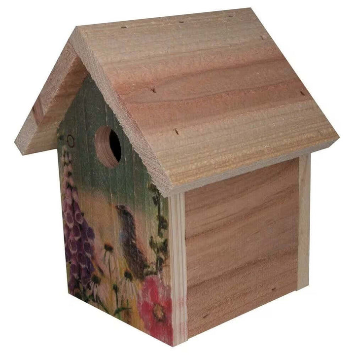 Wooden Birdhouse with Floral Design for Wrens featuring painted wildflowers and perched bird, crafted from natural cedar wood.