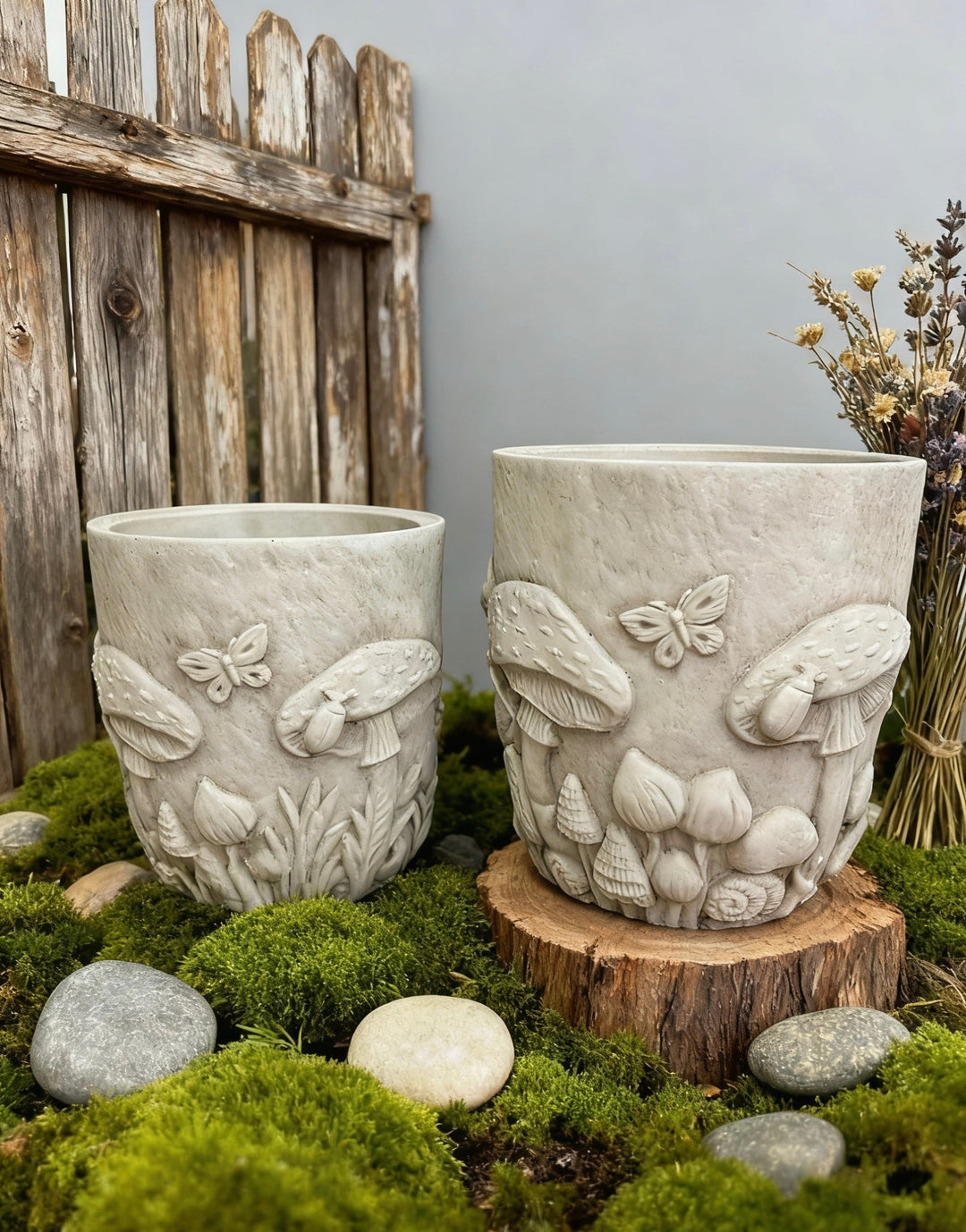 Medium and small Woodland Mushroom and Butterfly Planters in a mossy garden setting