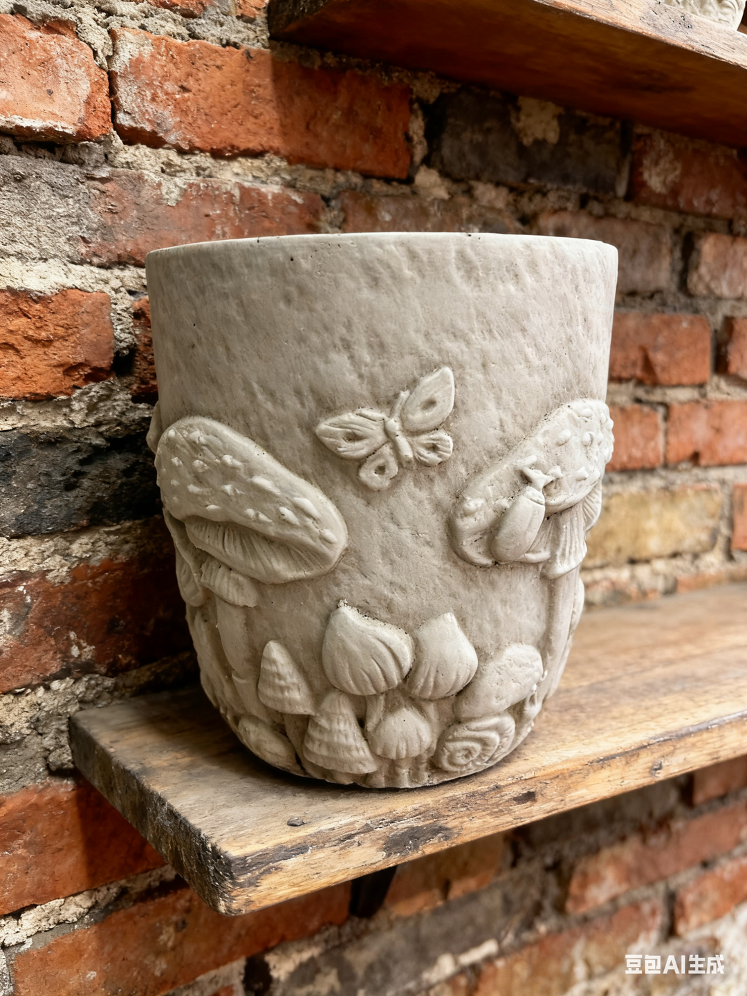 Medium woodland planter showing sculpted mushrooms and butterfly against brick