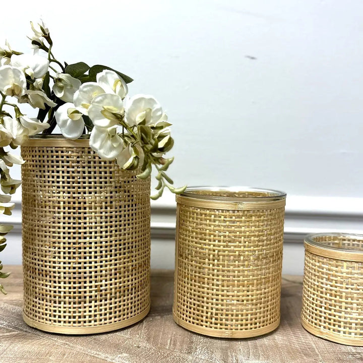 Large medium and small woven rattan glass vases displayed together