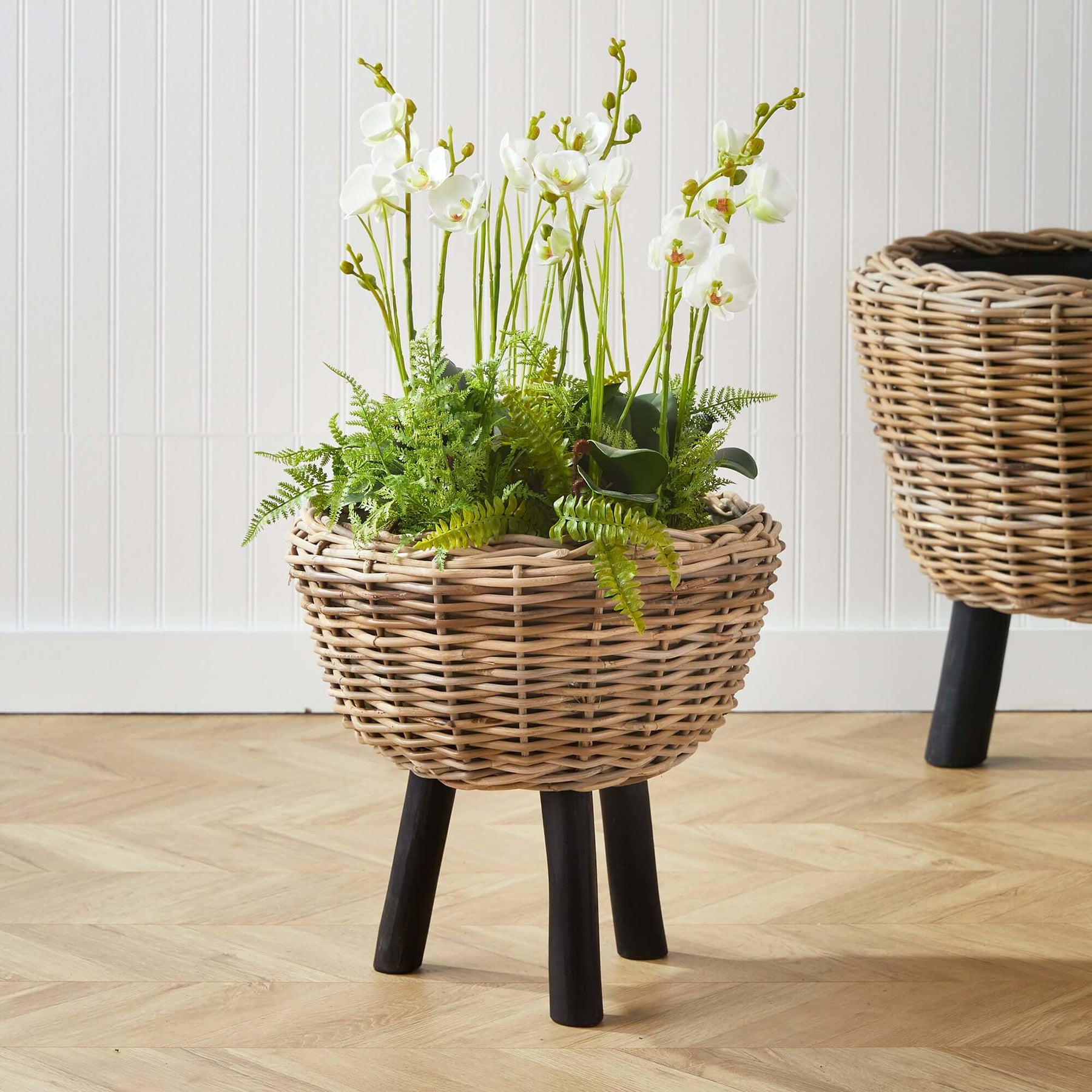 woven planter with legs Woven Rattan Planter with Plastic Pot and Wood Legs
