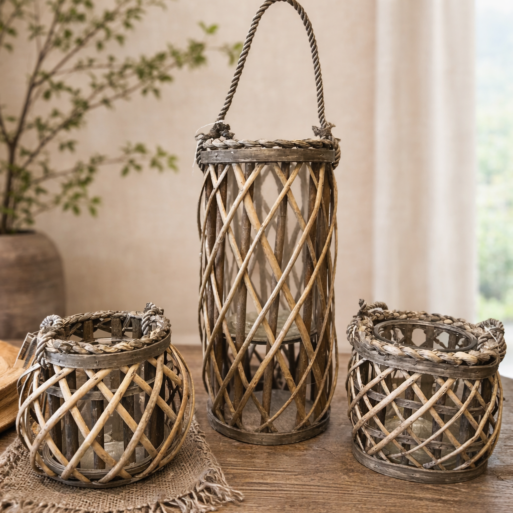 Three woven willow lantern shapes grouped with glass inserts