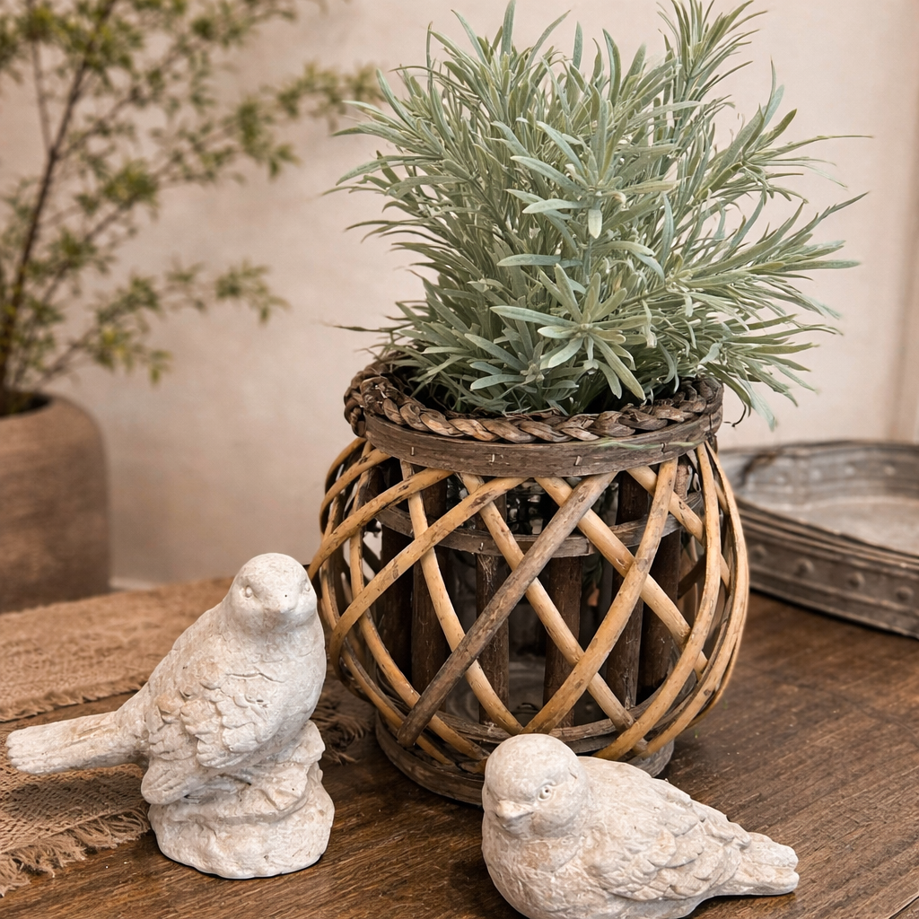 Low woven willow lantern styled with greenery beside bird ornaments