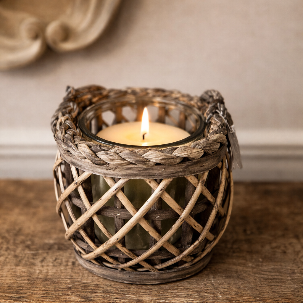 Low woven willow lantern with a lit candle in its glass insert