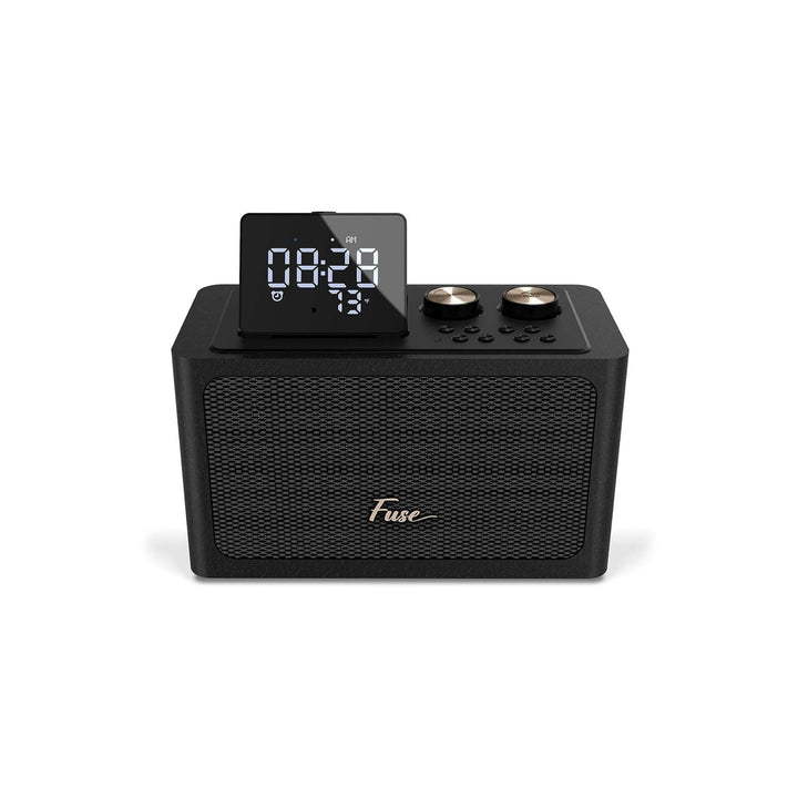 Black Bluetooth speaker with digital clock and brand name 'Fuse' on a white background