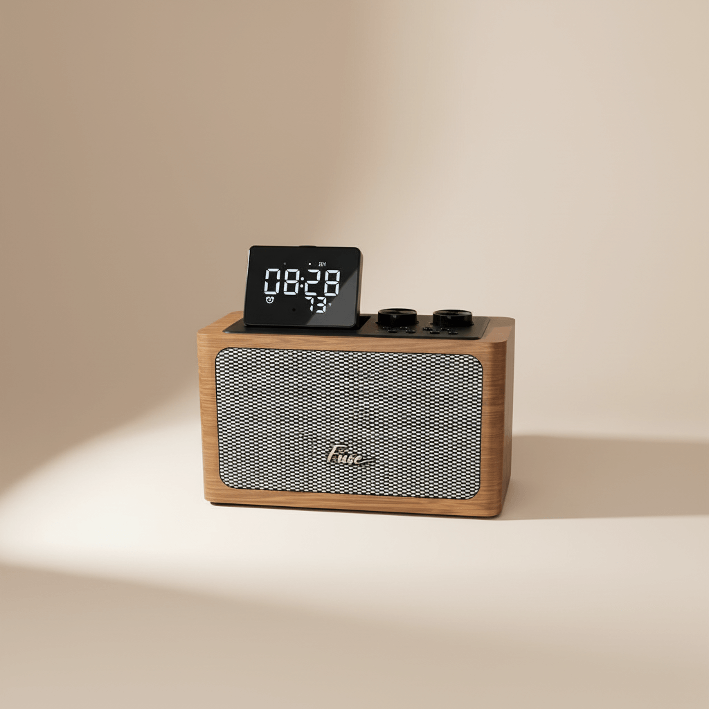 Wooden clock radio with digital display on a beige background