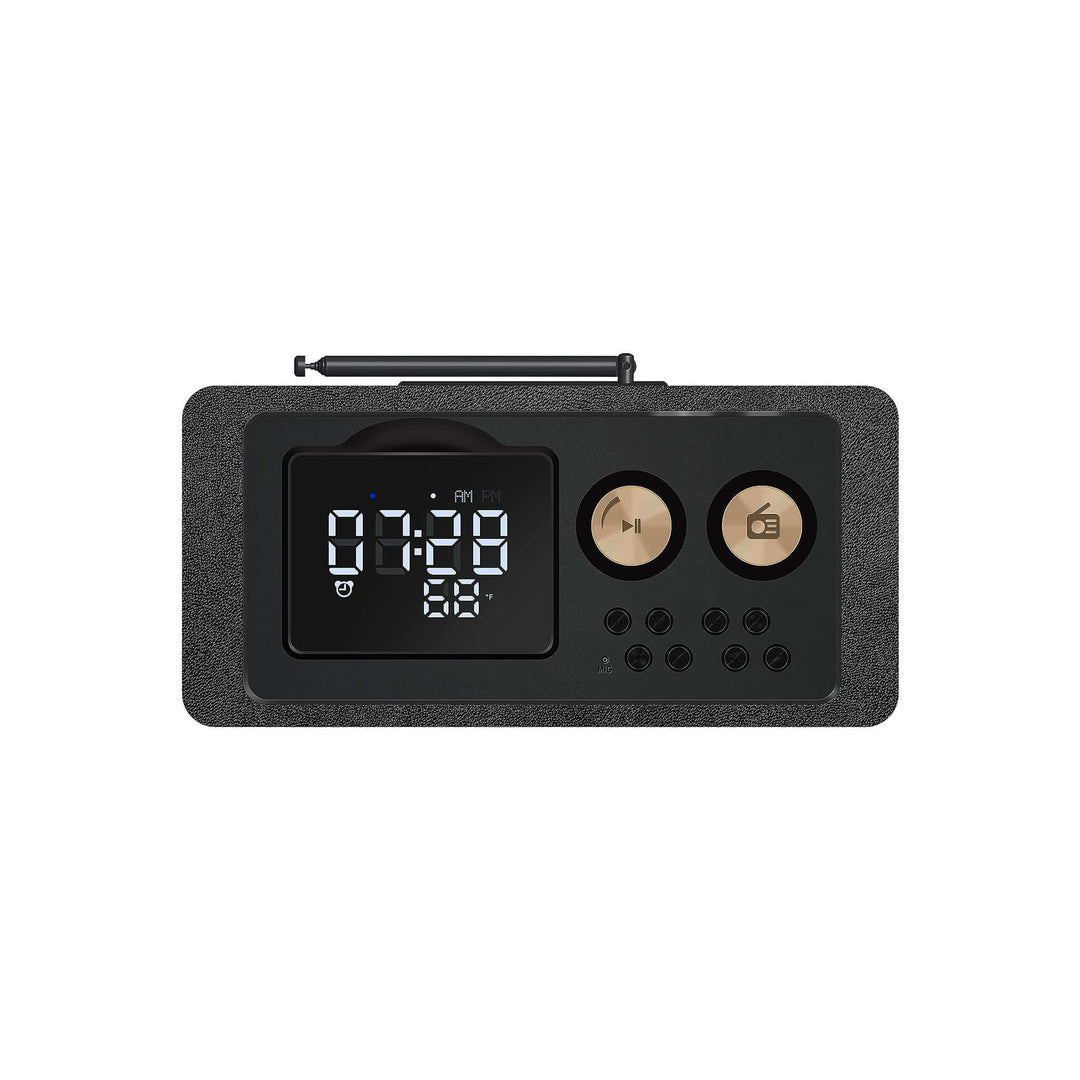 Black digital clock with display and buttons on a white background