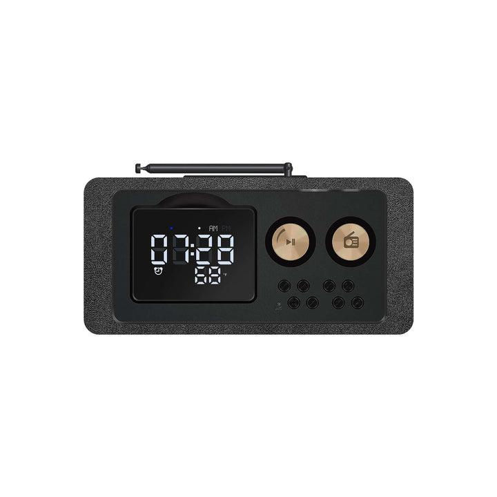 Black digital clock with display and buttons on a white background