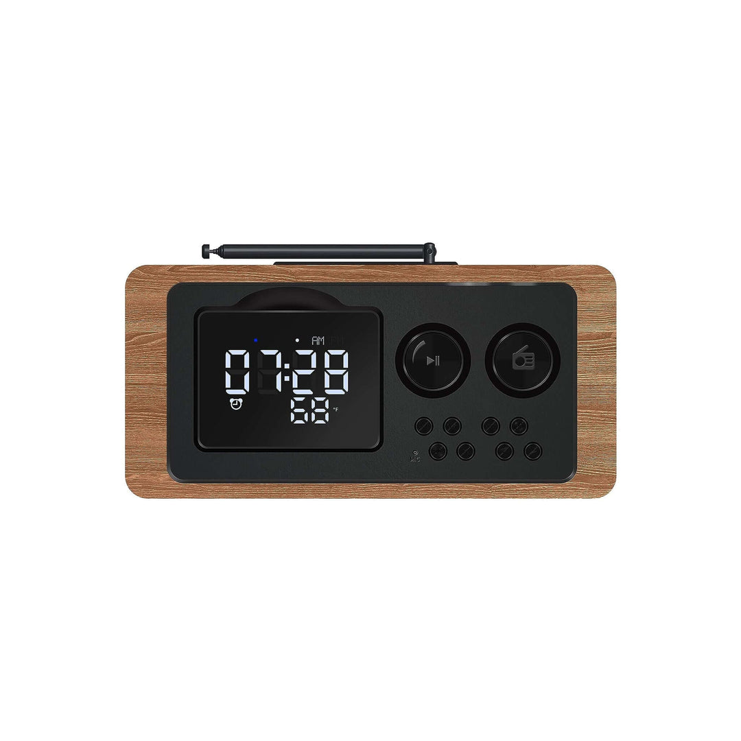 Wooden clock radio with digital display on a white background