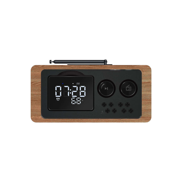 Wooden clock radio with digital display on a white background
